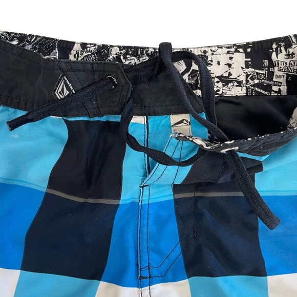 Volcom Boys 12 Blue Ice Plaid Boardshorts Swim Surf Trunks Pocket Logo Spellout - Picture 3 of 15